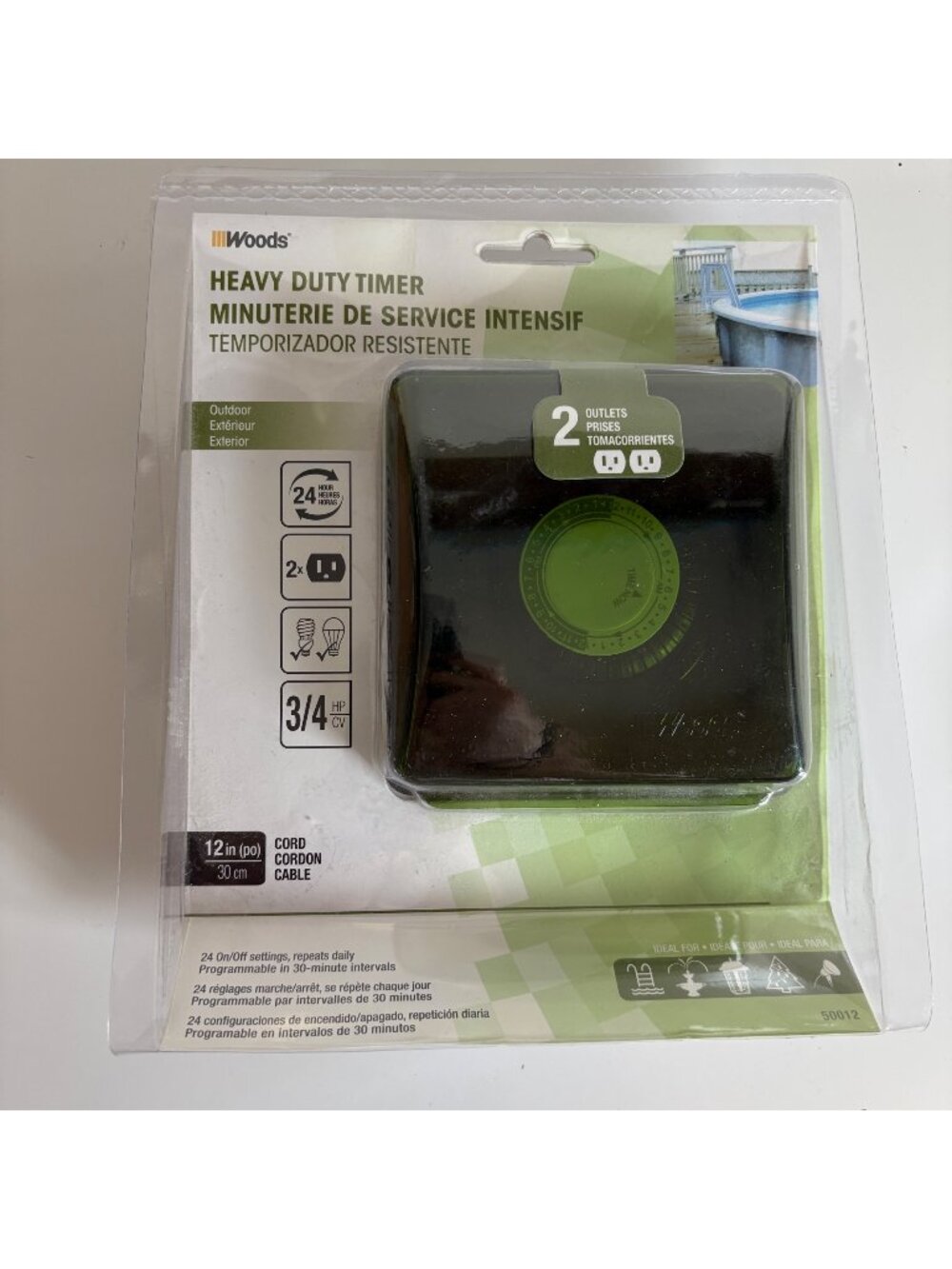 Woods Heavy Duty Timer Outdoor 12in Cord 24 Hour New Old Stock #50012